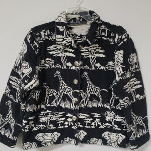 New Identity Coat Womens XL Safari Print 100% Cotton Giraffes Elephants Blazer